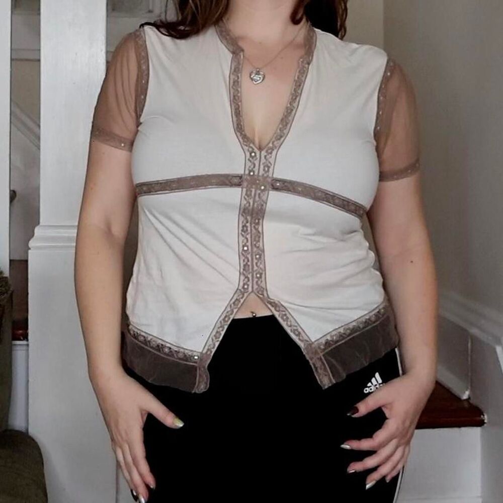 Dainty White Tan Lace Top Sz Medium Mesh Fairycore Cottagecore Whimsigoth Boho